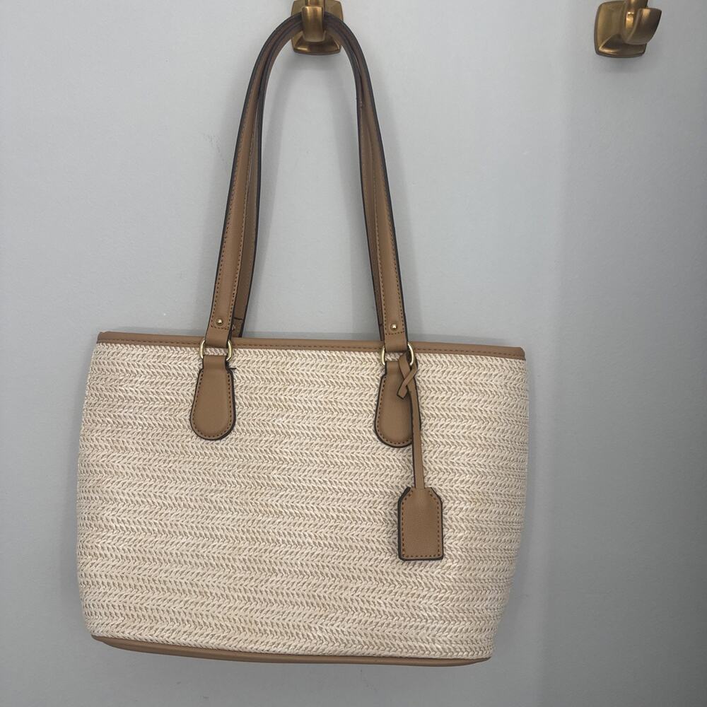Double Handle Woven Tote Handbag BROWN NATURAL PURSE